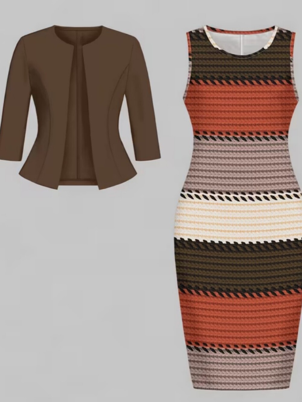 Casual Style Striped Geometric Dress Set in Brown, Cream & Rust